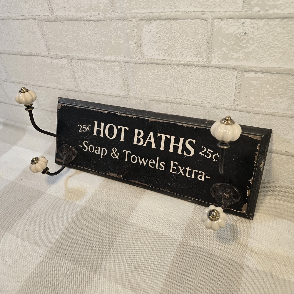 Wood Bathroom Towel Holder 4 Ceramic Hooks Hot Baths 25 Cents Soap Faux Antique - Picture 4 of 7